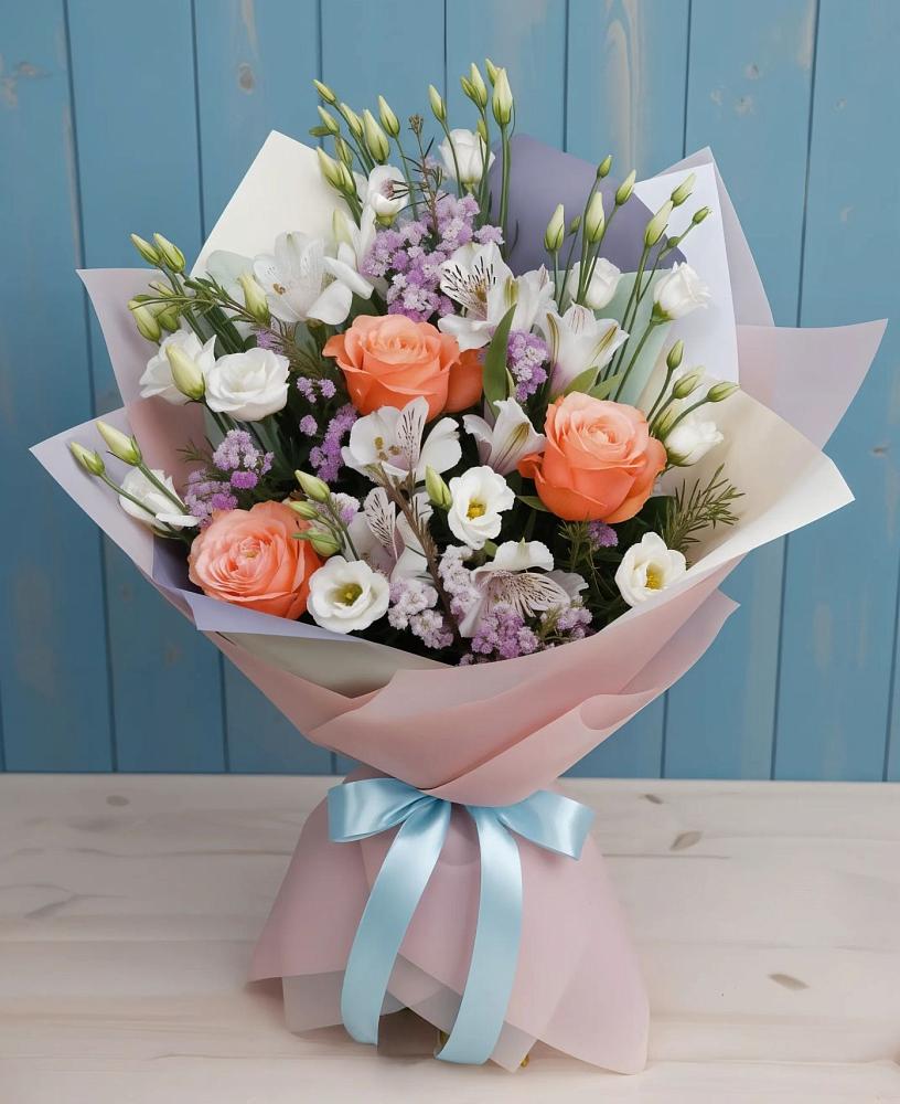 Букет цветов из: Лизиантусы, Розы, Альстромерии и Гипсофила в Некрасовском